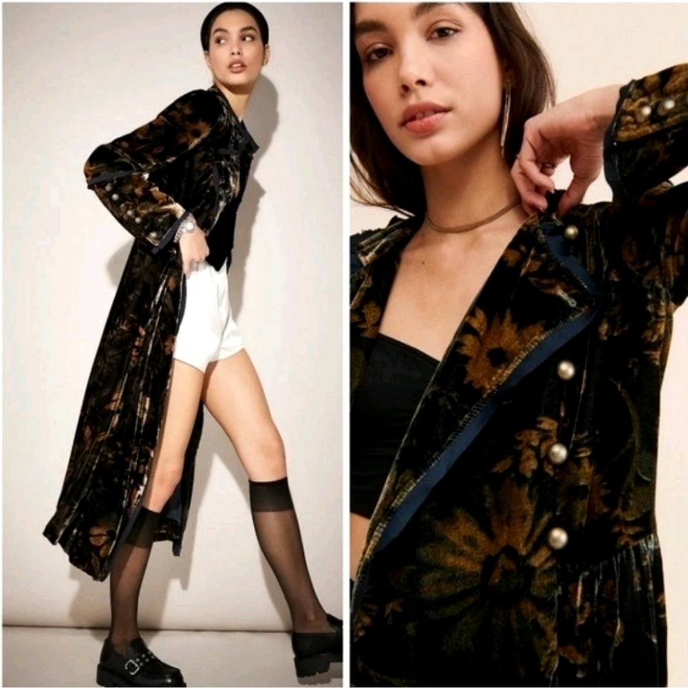 ๐๏ธ Free People Hazel Velvet Puff Sleeve Duster Long Jacket Medium Black Boho - Picture 14 of 16